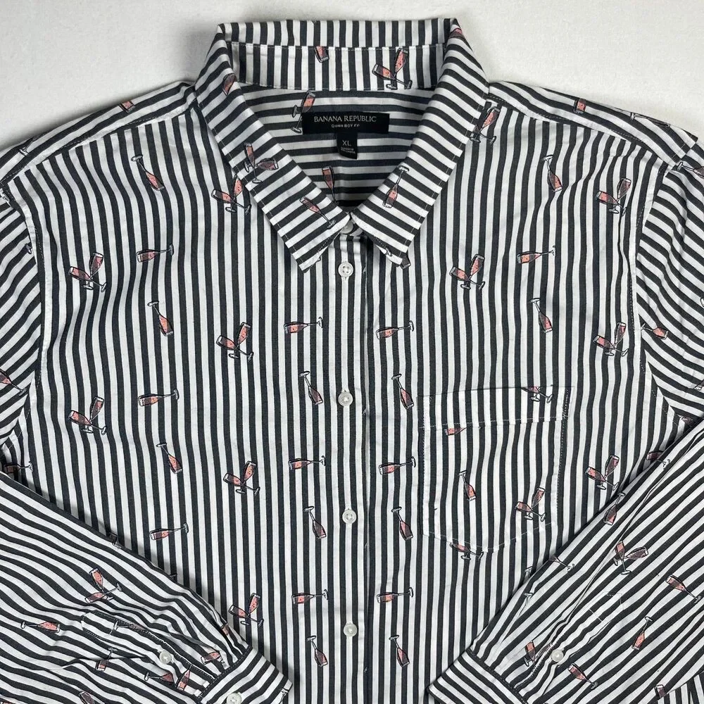 Banana Republic Shirt Men XL White Black Striped Champagne Glasses Quinn Boy-Fit